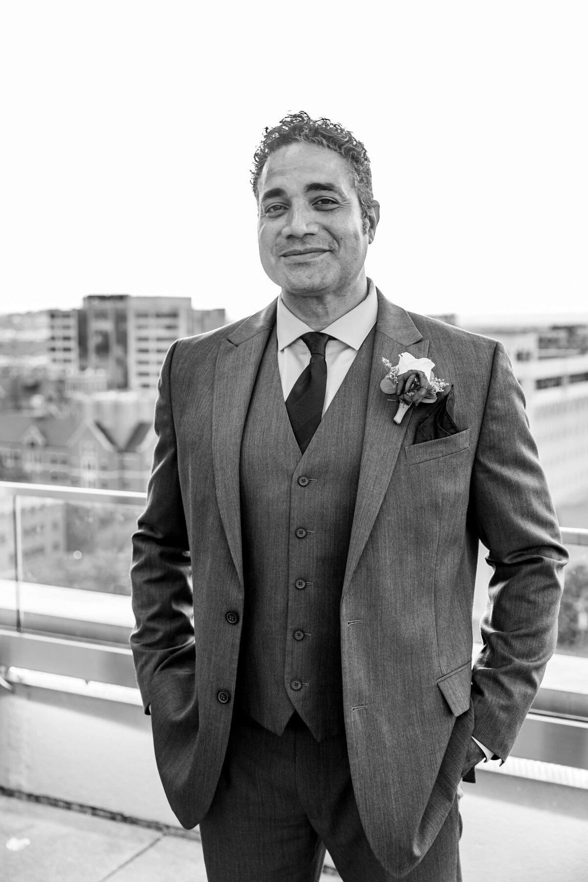 Groom wearing gray suit from Mens Warehouse at The Aertson hotel, Nashville