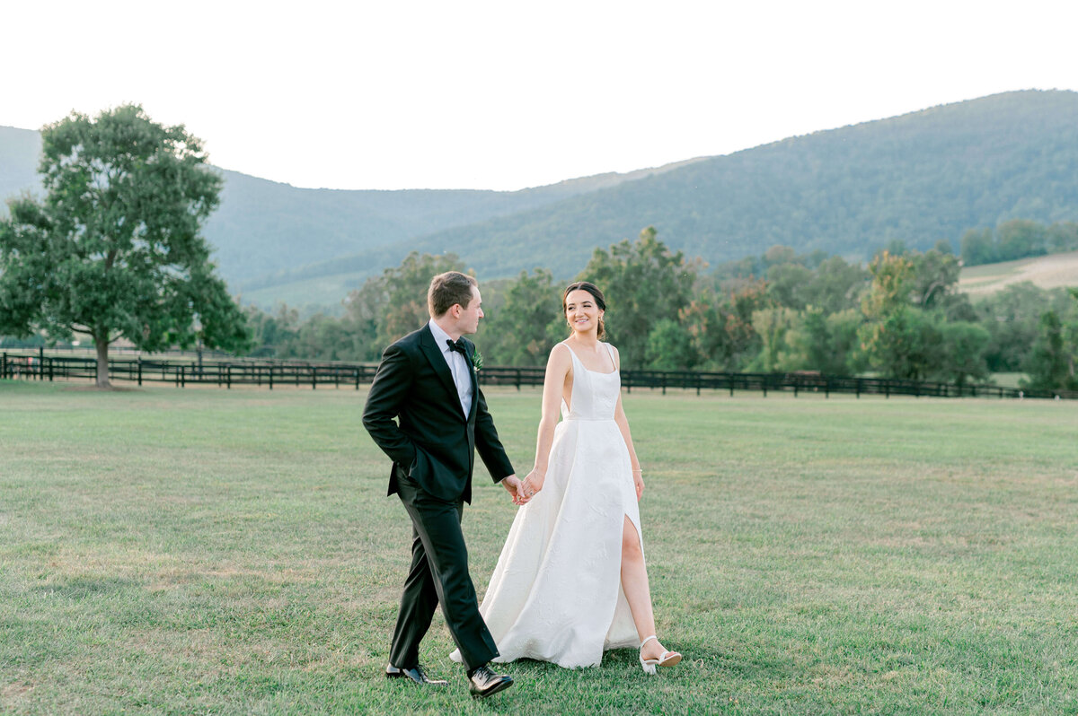 Newly weds walking hand and hand across a field with mountains in the background. Image taken by Rachael Mattio