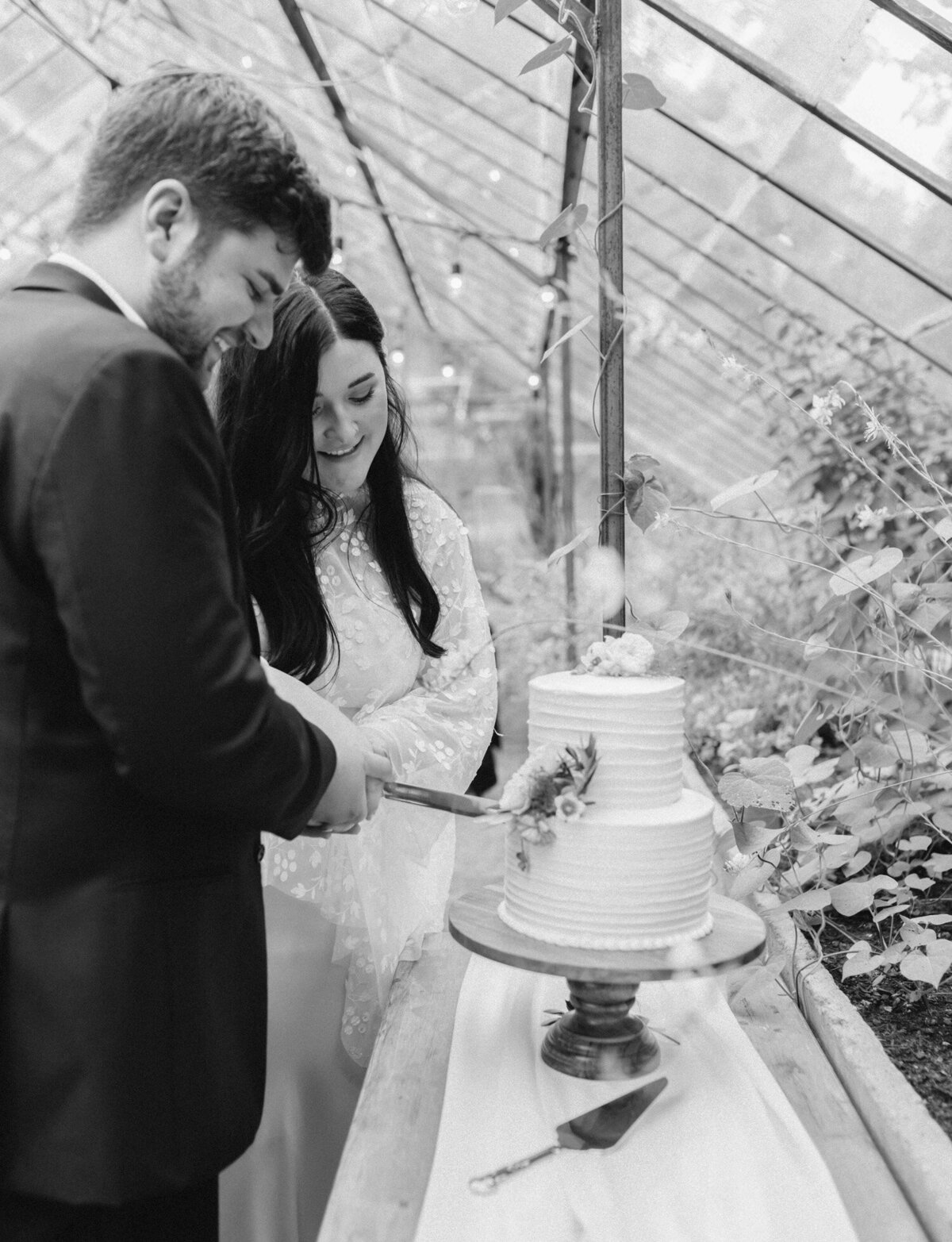 Couple cuts wedding cake at greenhouse wedding in Michigan