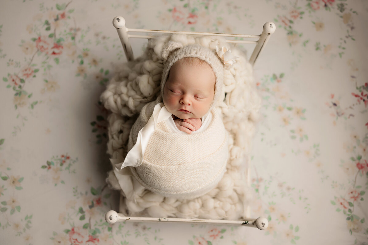 Fort Collins photo of wrapped baby girl laying on a tiny bed
