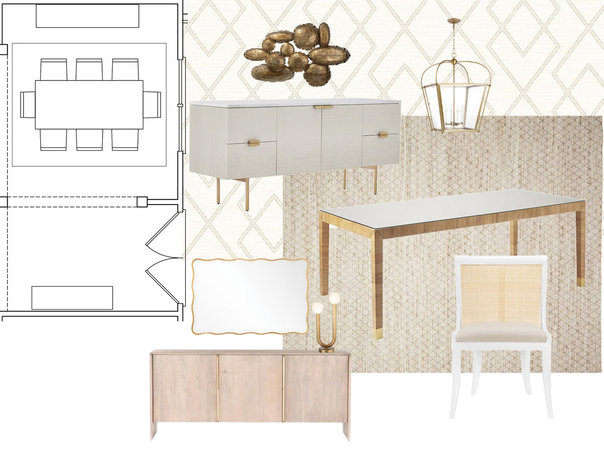 Interior Design Dining Room Schematic Design Presentation  with floor plan, grasscloth details, brass lantern chandelier, and gold accents and cane chairs
