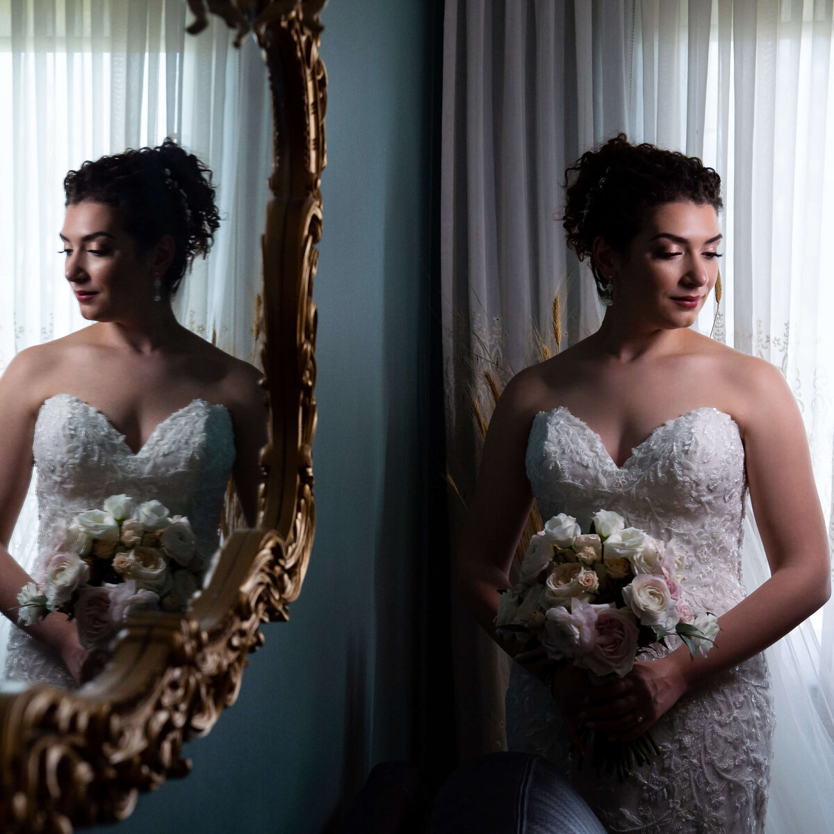 mirror reflection of elegant bride holding her bouquet  for her Ottawa wedding photographer and Ottawa wedding venue Sala San Marco