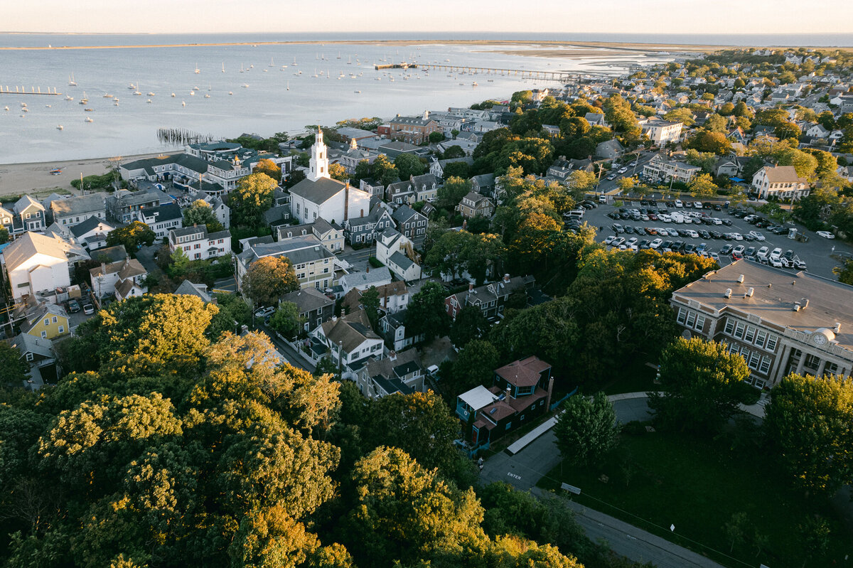 Aerial view of Provincetown Harbor, church, and buildings