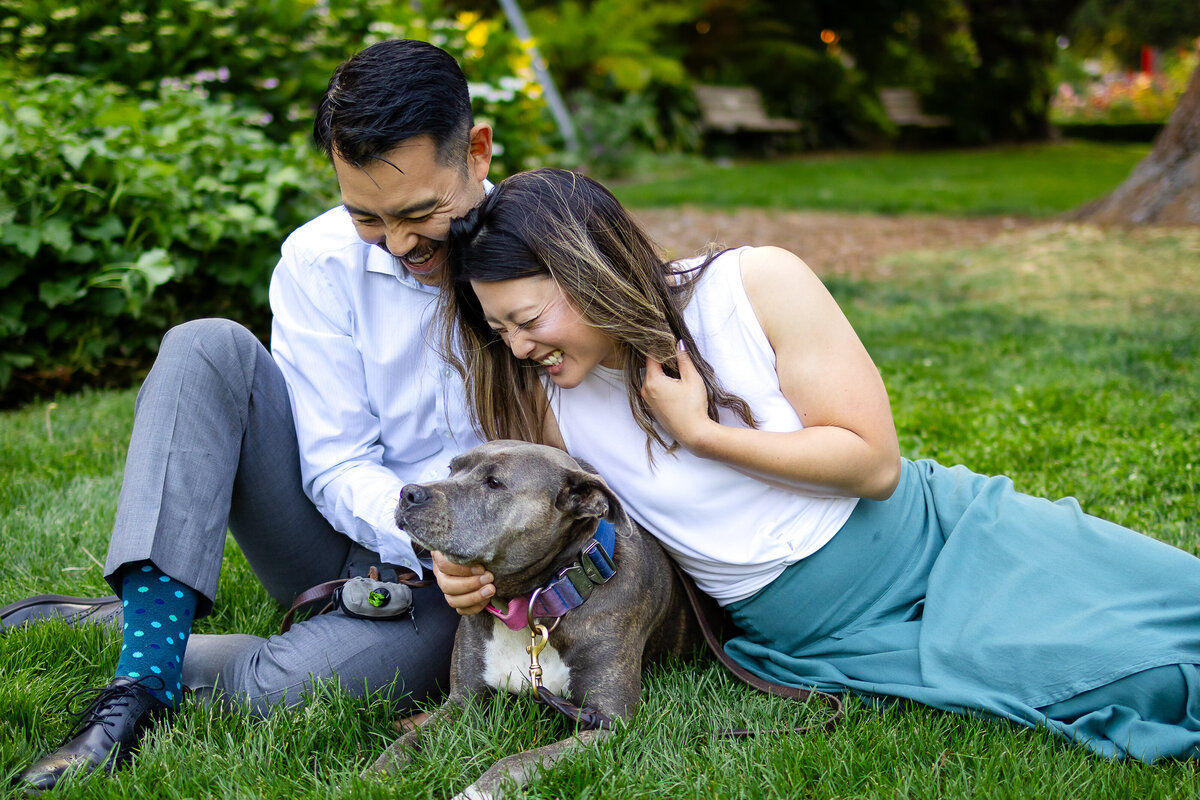 Couple sitting  on grass and laughing with their dog at San Mateo Central Park during lifestyle photo session