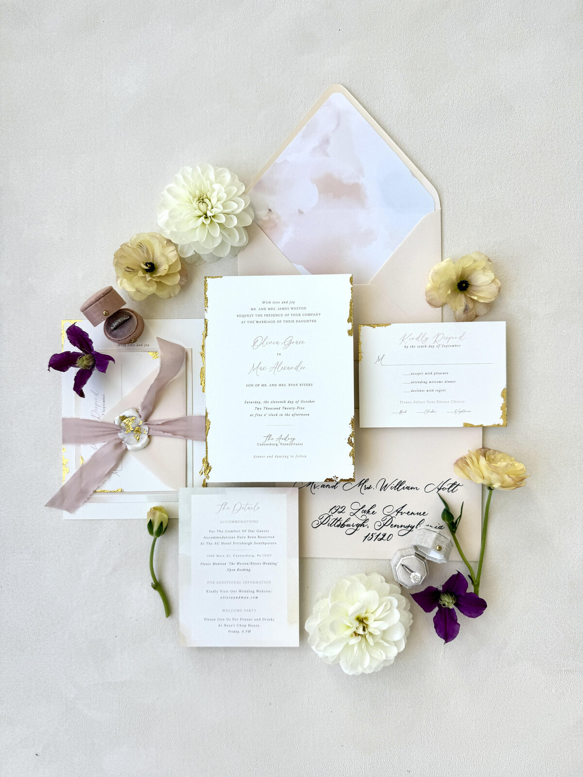 gold leaf wedding invitation suite