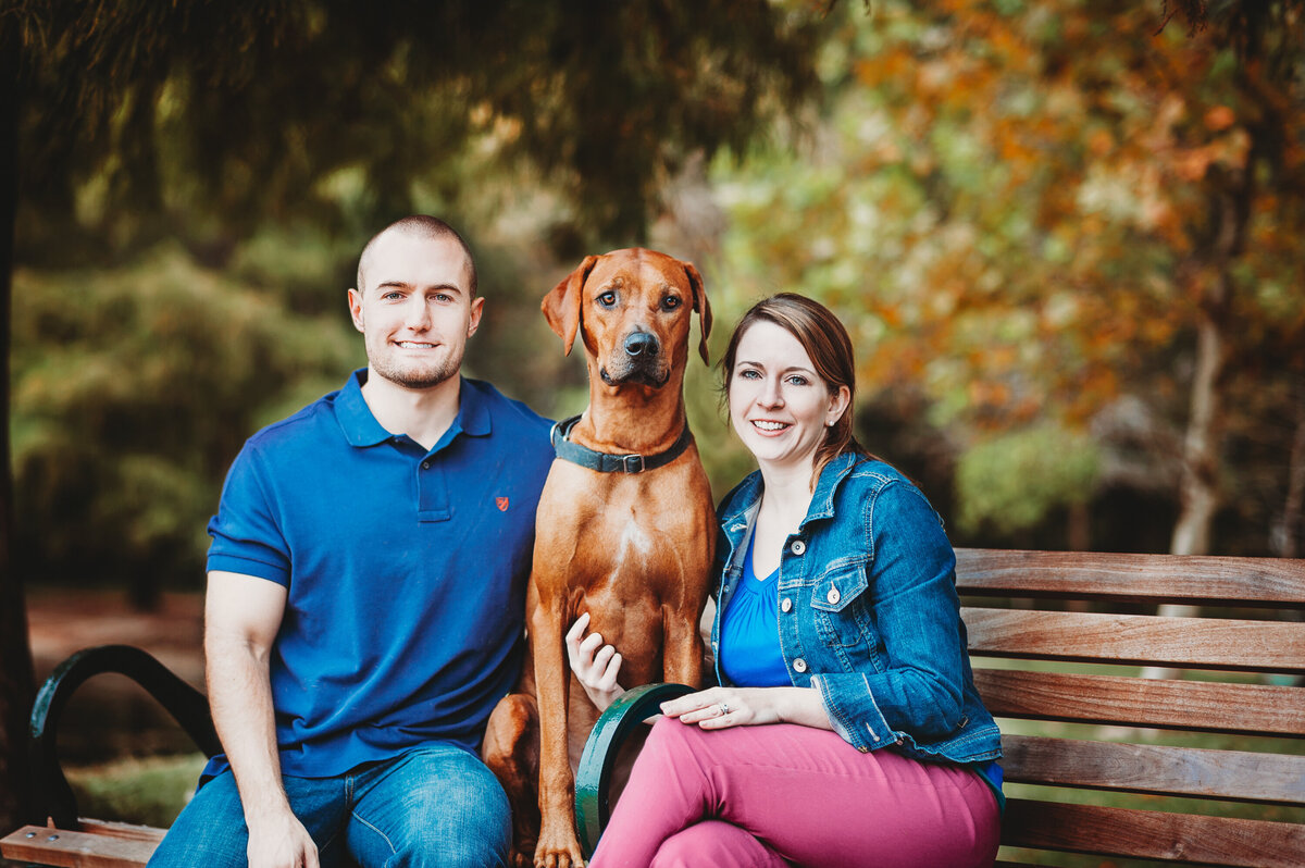 Couple posing with their dog on a park bench during a family-style portrait session in Winter Garden, Florida.