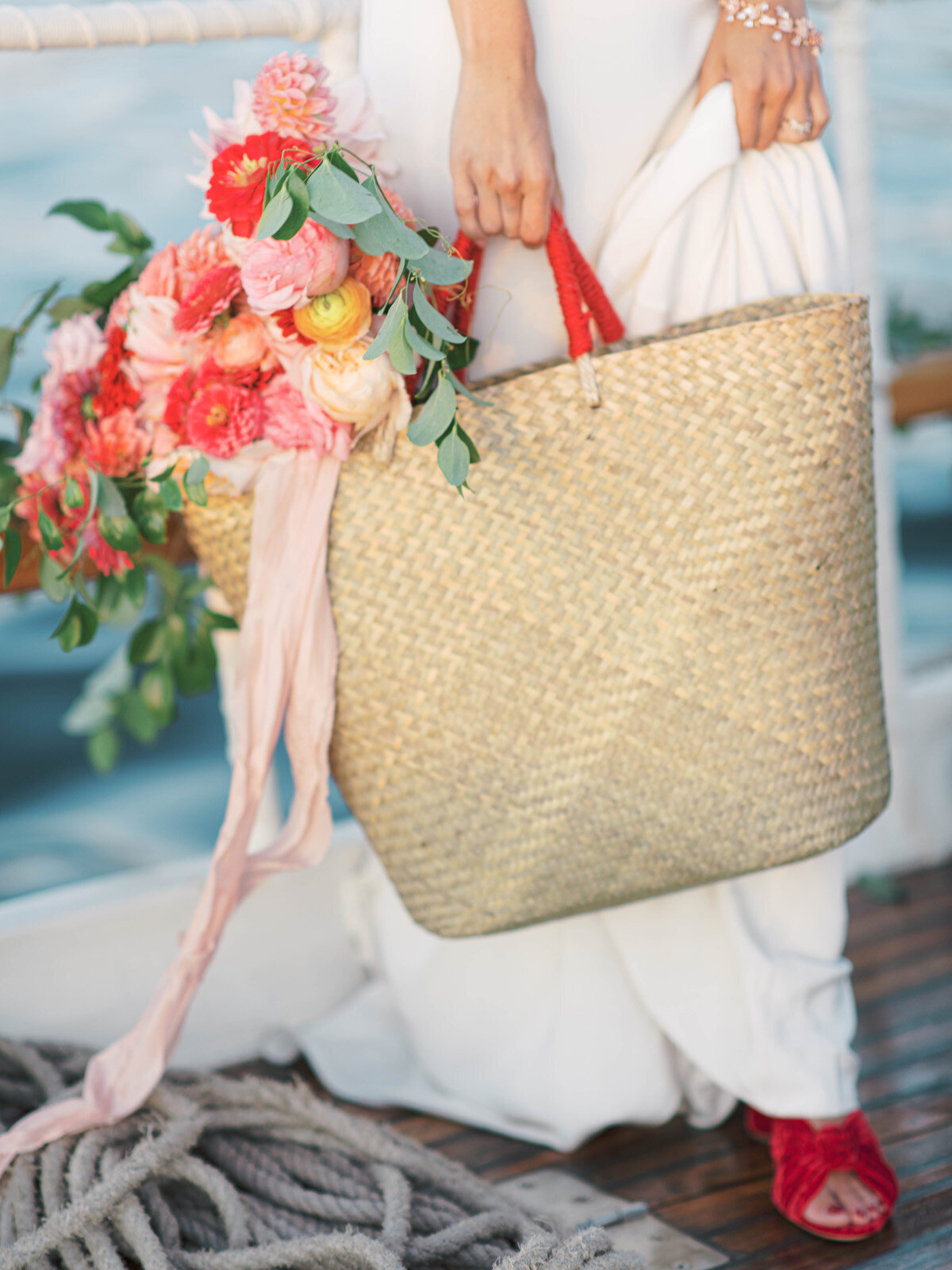 Kate-Murtaugh-Events-elopement-wedding-planner-Boston-Harbor-sailing-sail-boat-yacht-market-bag-dahlia-bouquet-velvet-shoes
