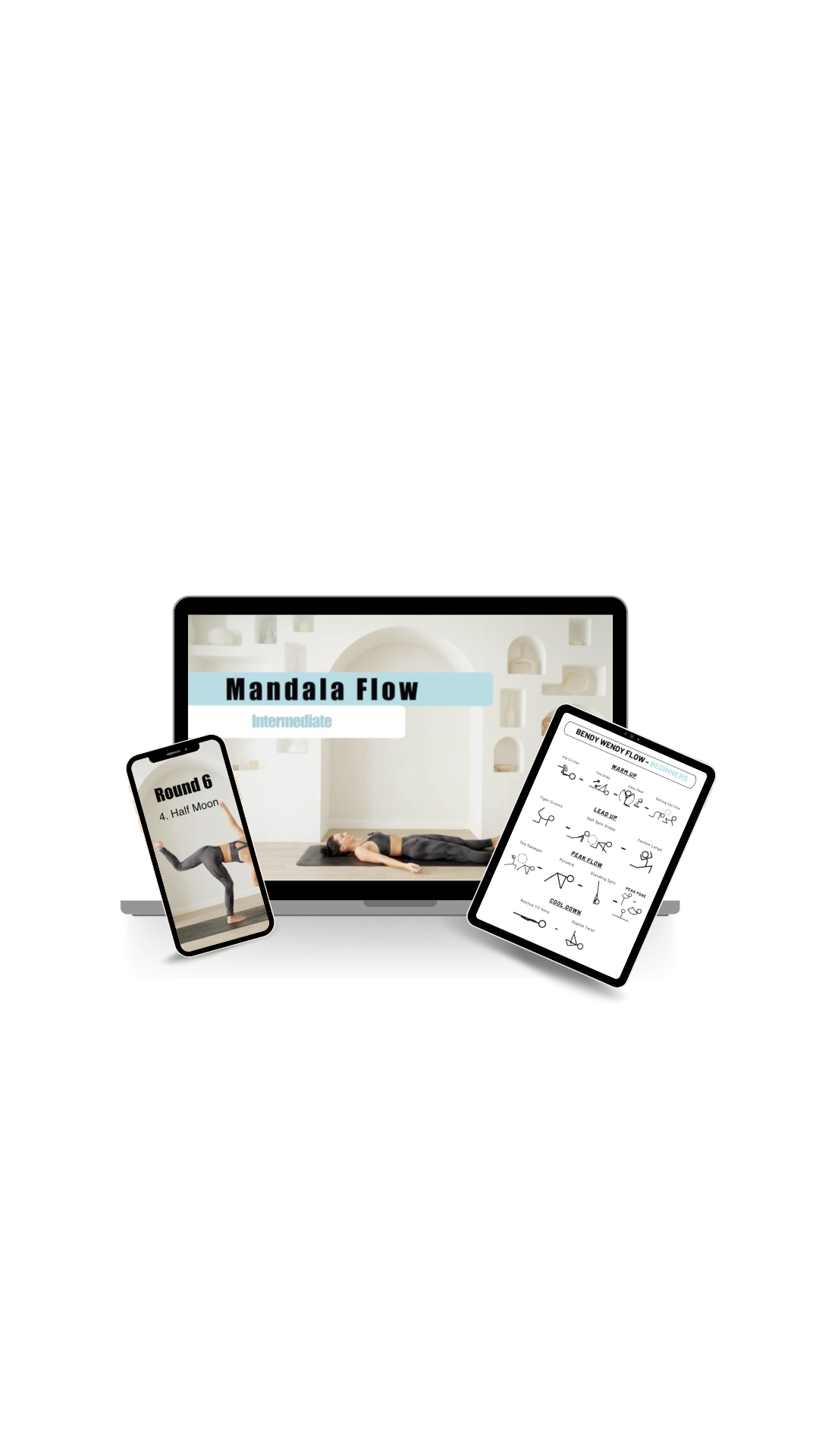 Digital devices displaying Sarah White's Reday-Made Creative Sequences. A laptop screen presents a 'Mandala Flow' for intermediates, a smartphone illustrates a yoga pose labeled 'Round 6 - Half Moon,' and a tablet features 'Bendy Wendy Flow' sequences.