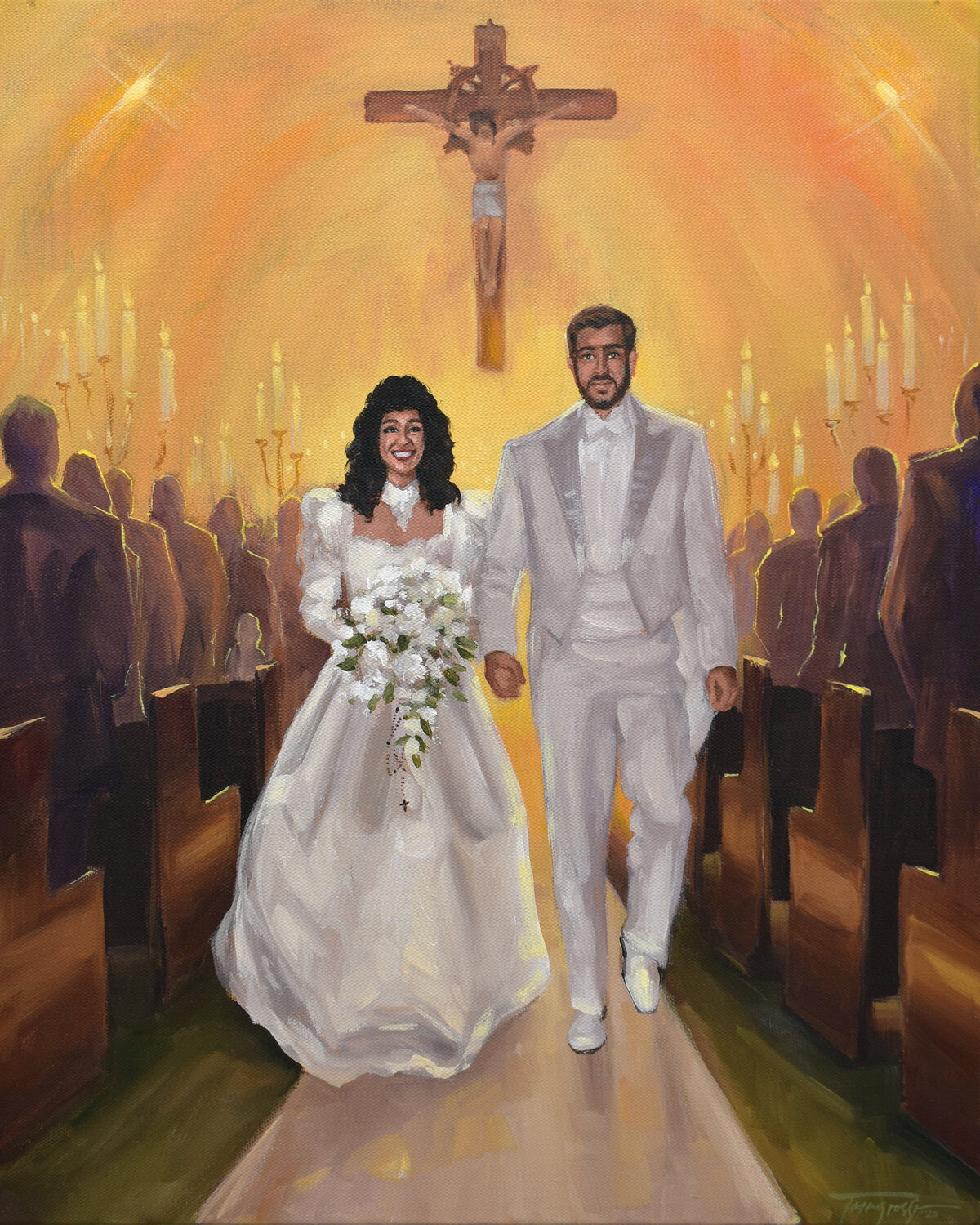 bride and groom leaving church, Wedding Portrait Paintings From Photos