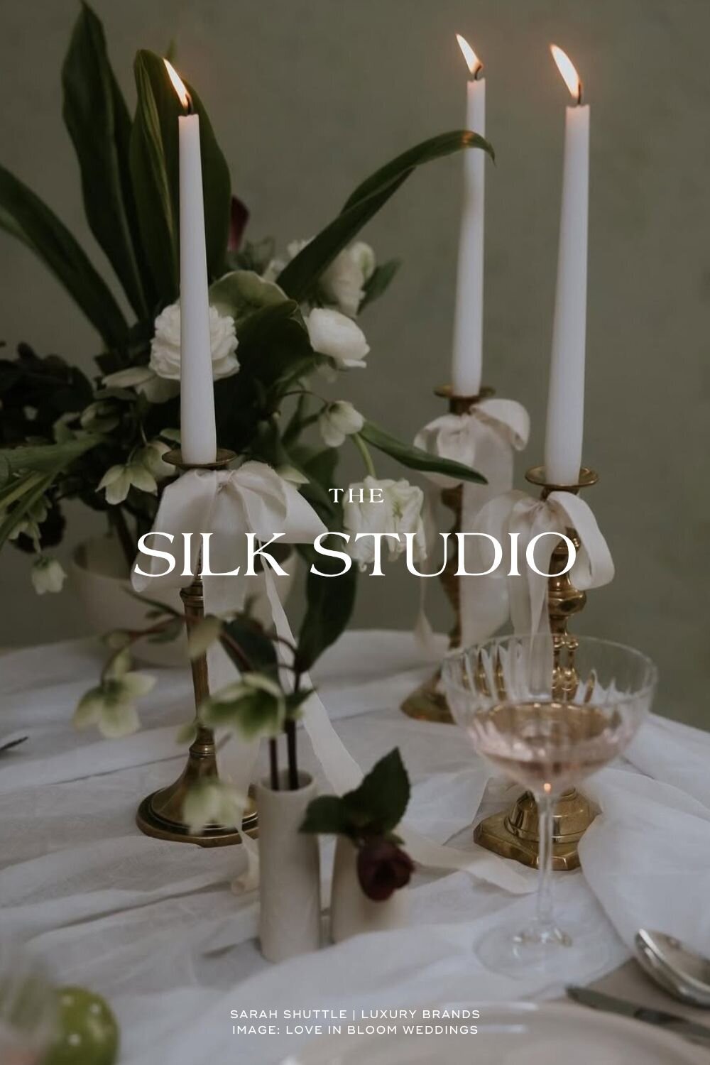 The Silk Studio logo overlaid on styled photo with silk hair bow and candles