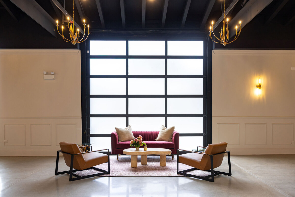 designed and detailed Happy Hour lounge vignette in Bloom Events, showing off personality of event venue with attention to detail and purposeful interior design, in-house amenity for all clients
