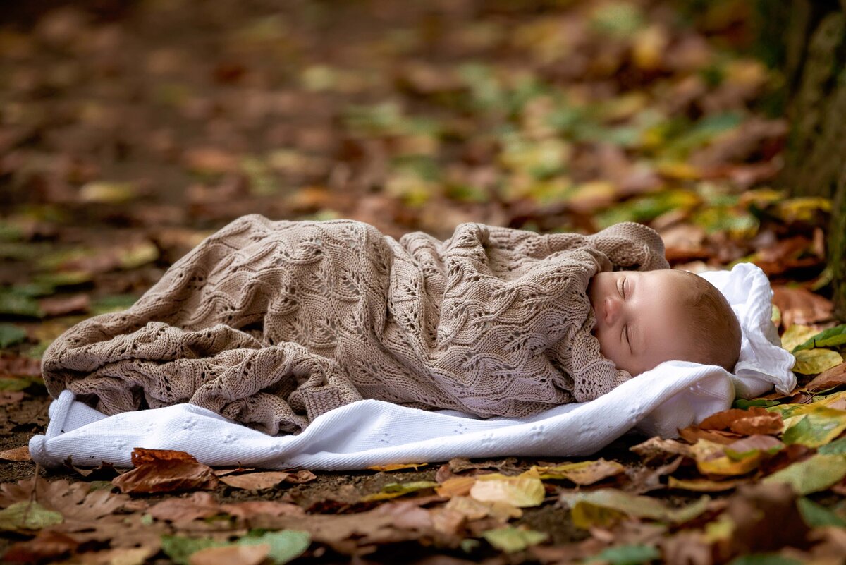 baby wrapped in blanket asleep on the Autumn leaves