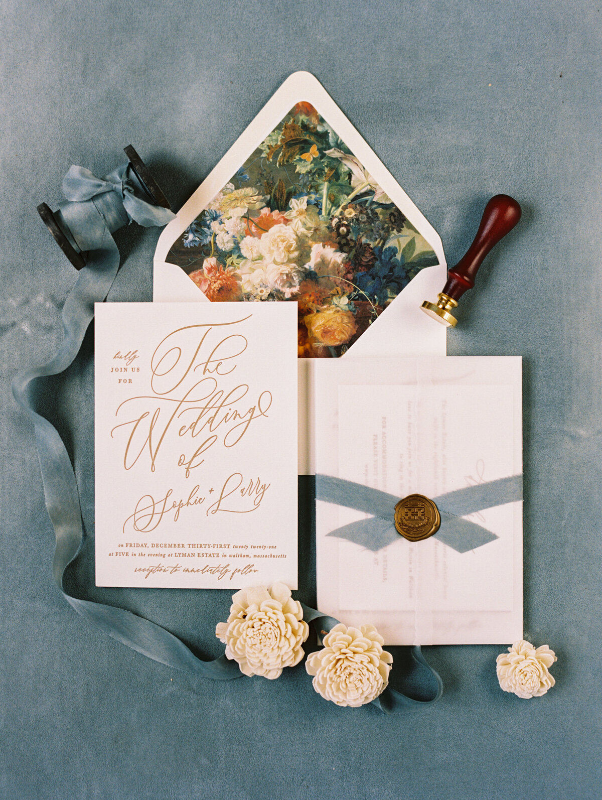 wedding invitation suite for New Years Eve wedding at the Lyman Estate in Waltham Massachusetts.