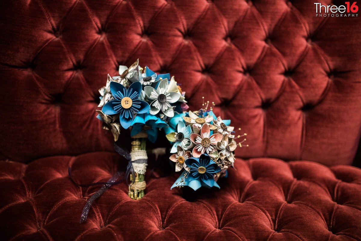 Bridesmaid's Bouquet of Flowers on a red velvet bench