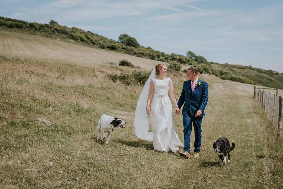 Bride and Groom walking through field with their two dogs