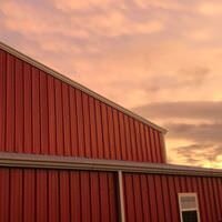 sunset over building