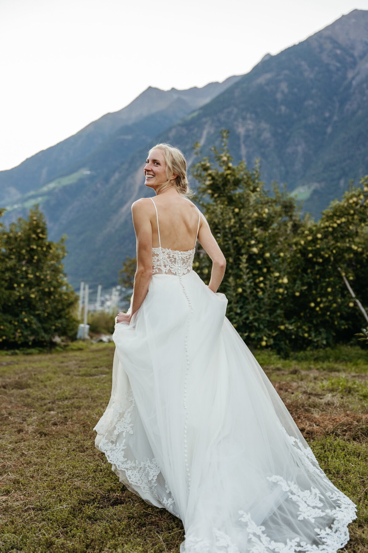 Bride walking through orchard with mountain views
