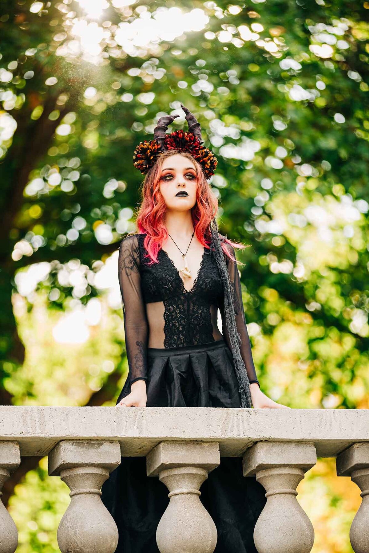 Gothic Halloween portrait of Montana model at Daly Mansion, Hamilton, MT