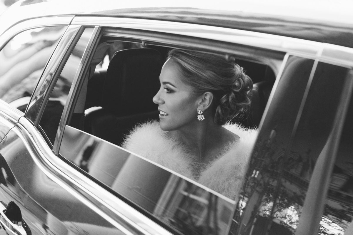This classic black and white bridal photographed by Rebecca Cerasani  shows a stunning bride as she sets off for her destination wedding at the Biltmore Ballrooms.