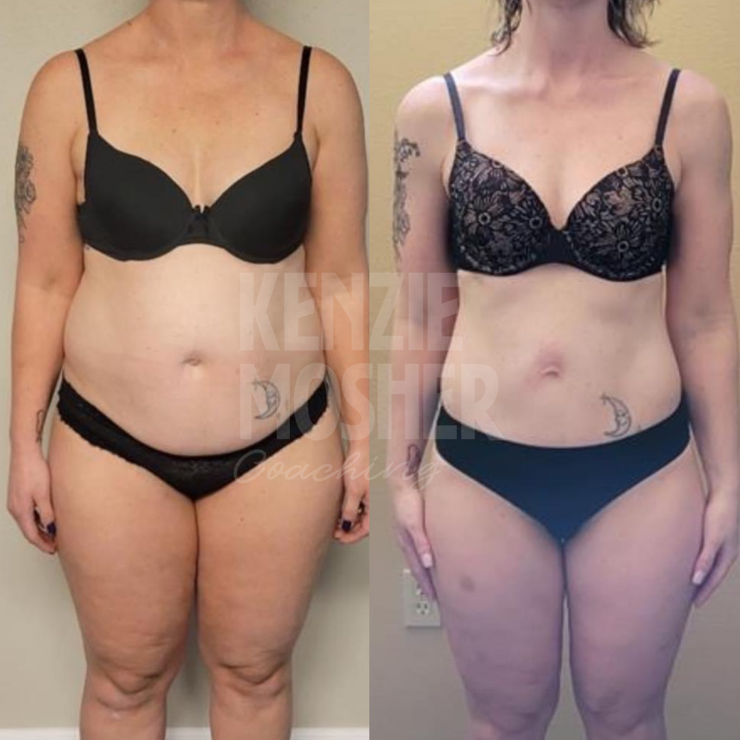 Client before and after photo highlighting sustainable fat loss from a data-driven nutrition plan.