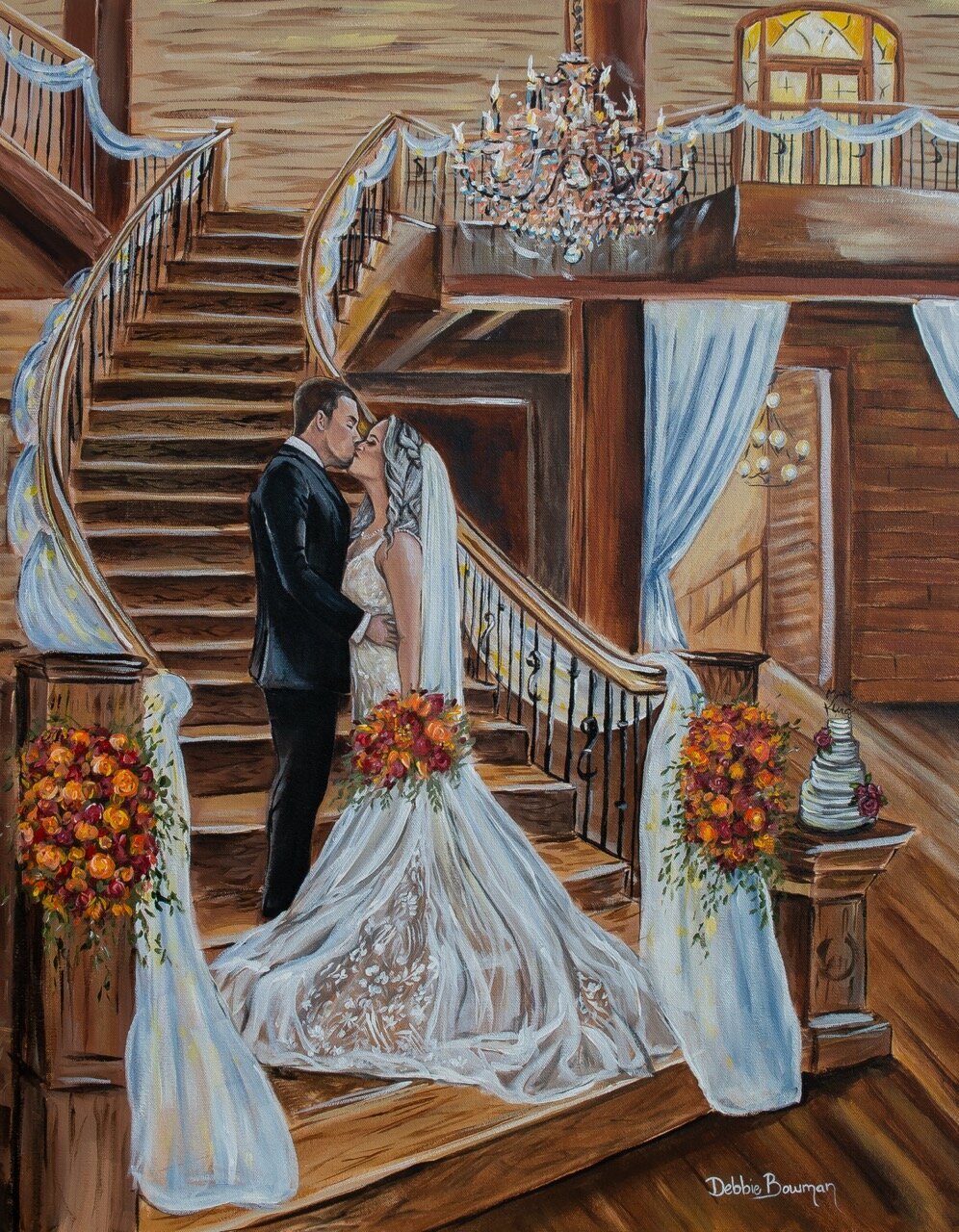 Bride and groom on the stairs at Oak Knoll Ranch in Texas, painted by Debbie Bowman Art