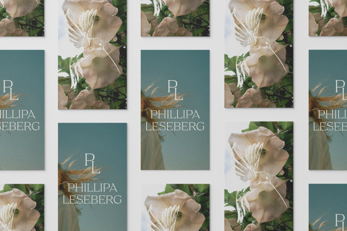 Multiple book covers are arranged in a grid pattern; some feature a woman in a brown dress by the sea, others display blue and white abstract designs with the initials "PL" and the name "Philippa Leseberg. A client mockup created by Sweet Pea Ink Creative.