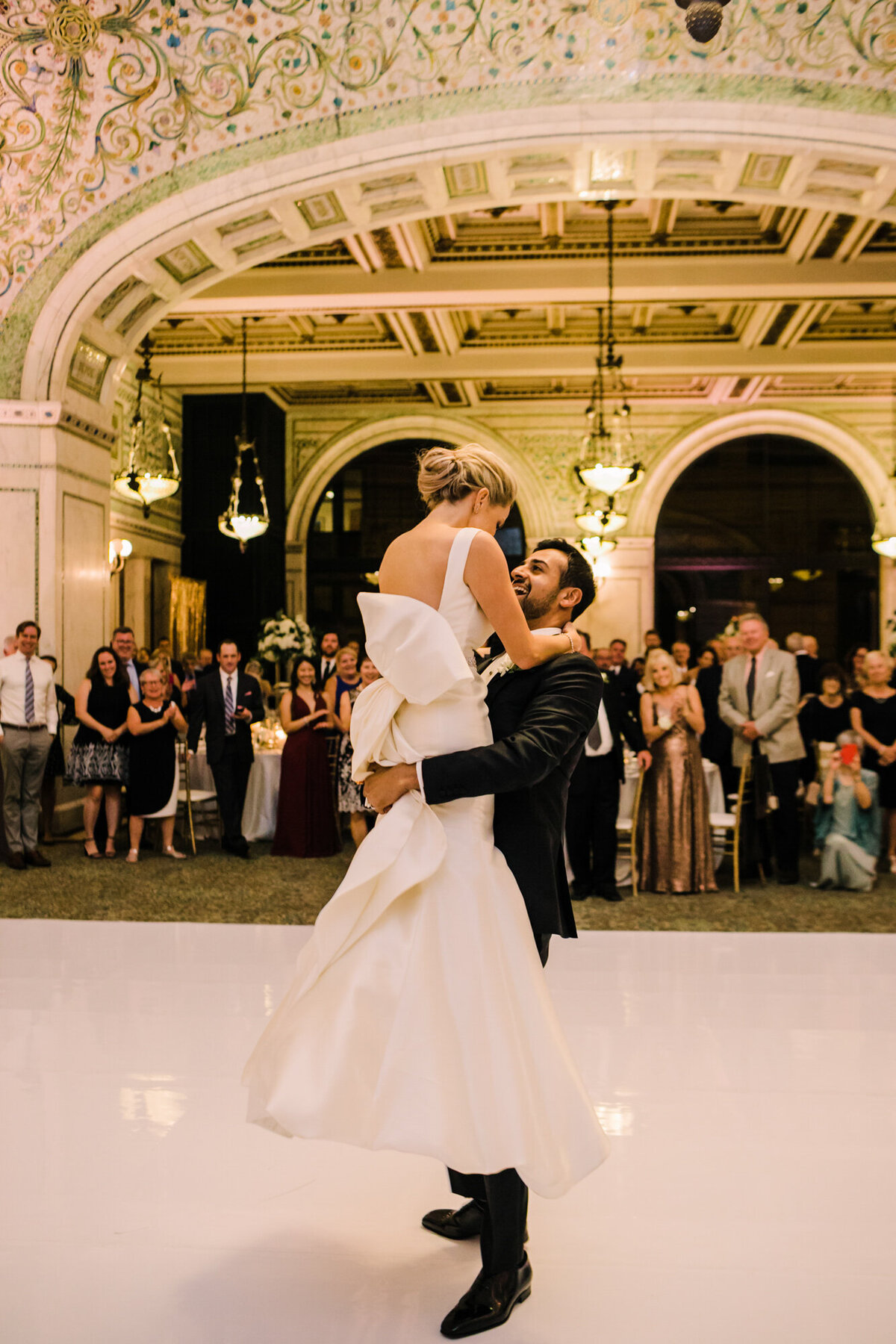 A beautiful first dance moment captured at the Chicago Cultural Center