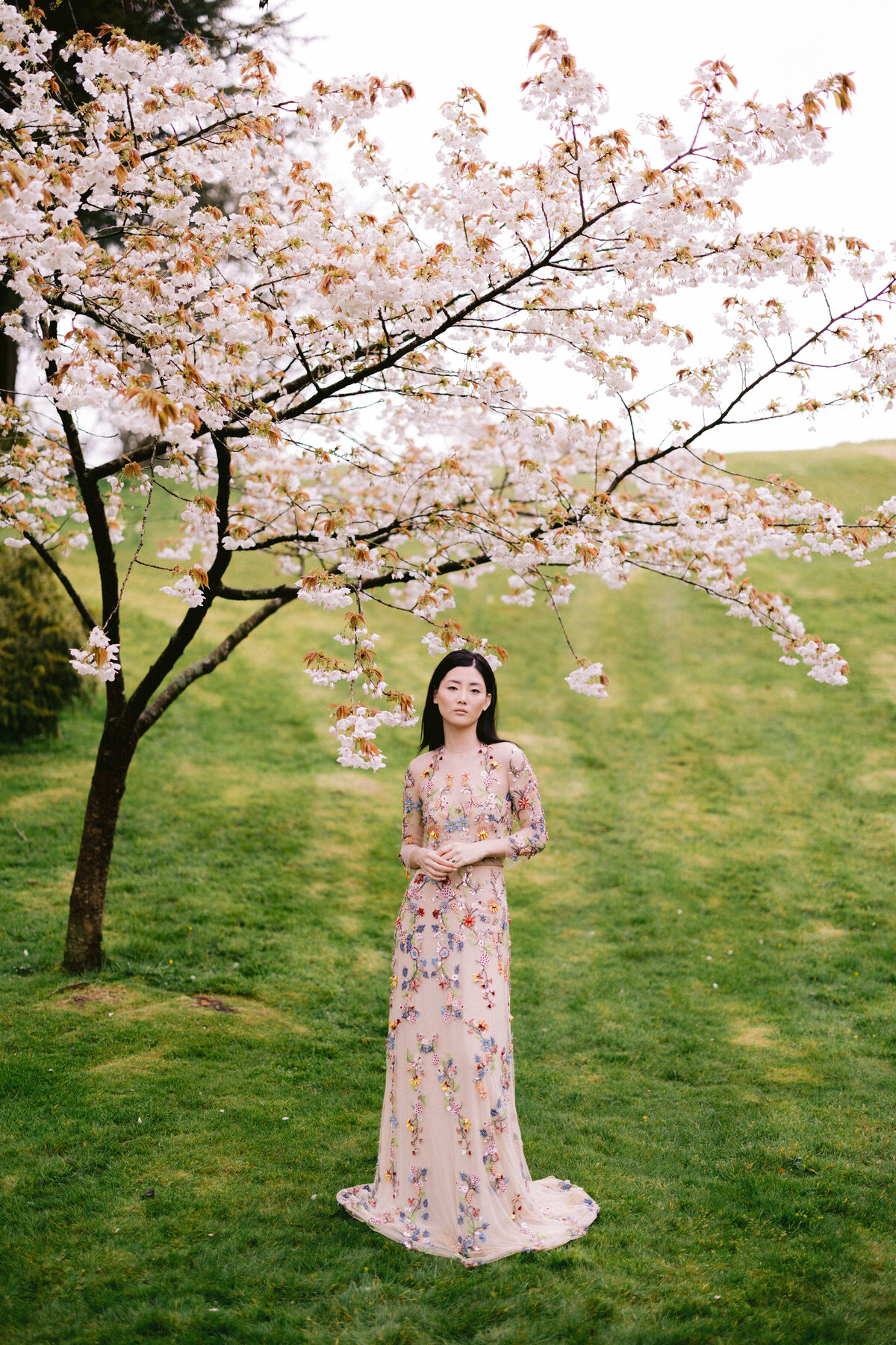 Asian Bride in Designer Gown under Cherry Blossoms - Hunter Hennes Photography_0002