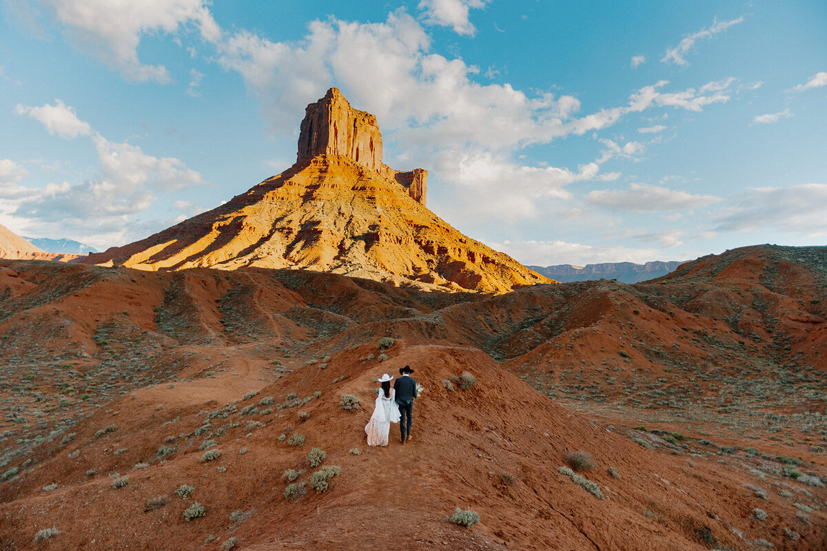 A couple standing with their backs to the camera enjoying the view of Shenandoah National Park during their sunrise elopement. The groom is wearing a gray suit, and the bride is wearing sparkly lace.