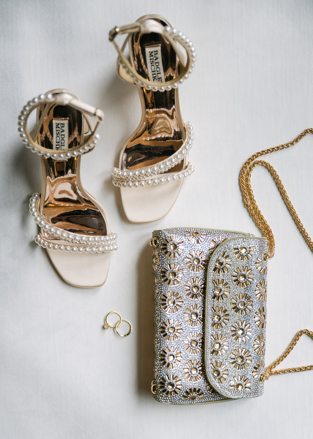 wedding day details shoes, rings and purse