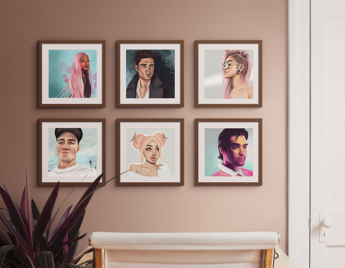 Six paintings that use pastel pinks and blues to make up the faces of different people
