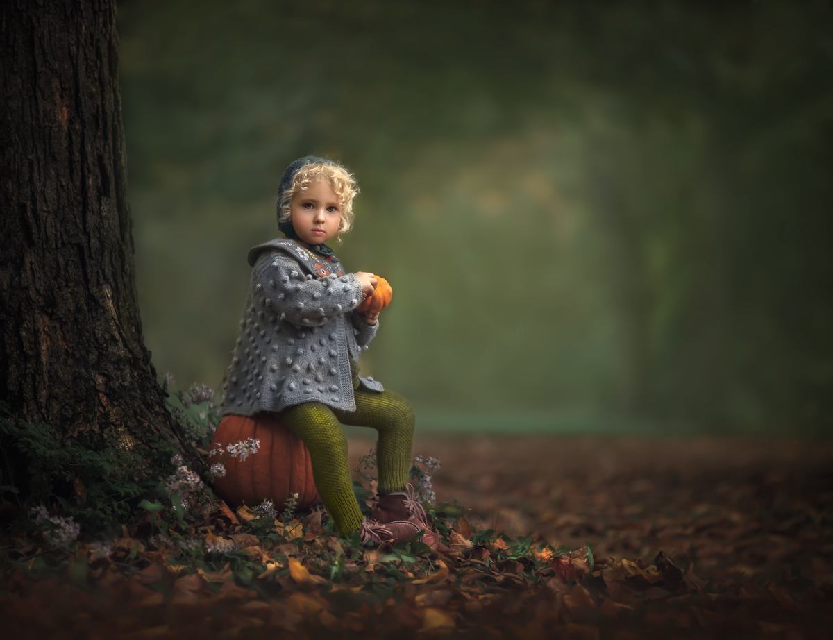Young girl dressed warmly holding a small pumpkin is sitting on a larger pumpkin resting near a tree in a forest located near Ottawa Ontario.