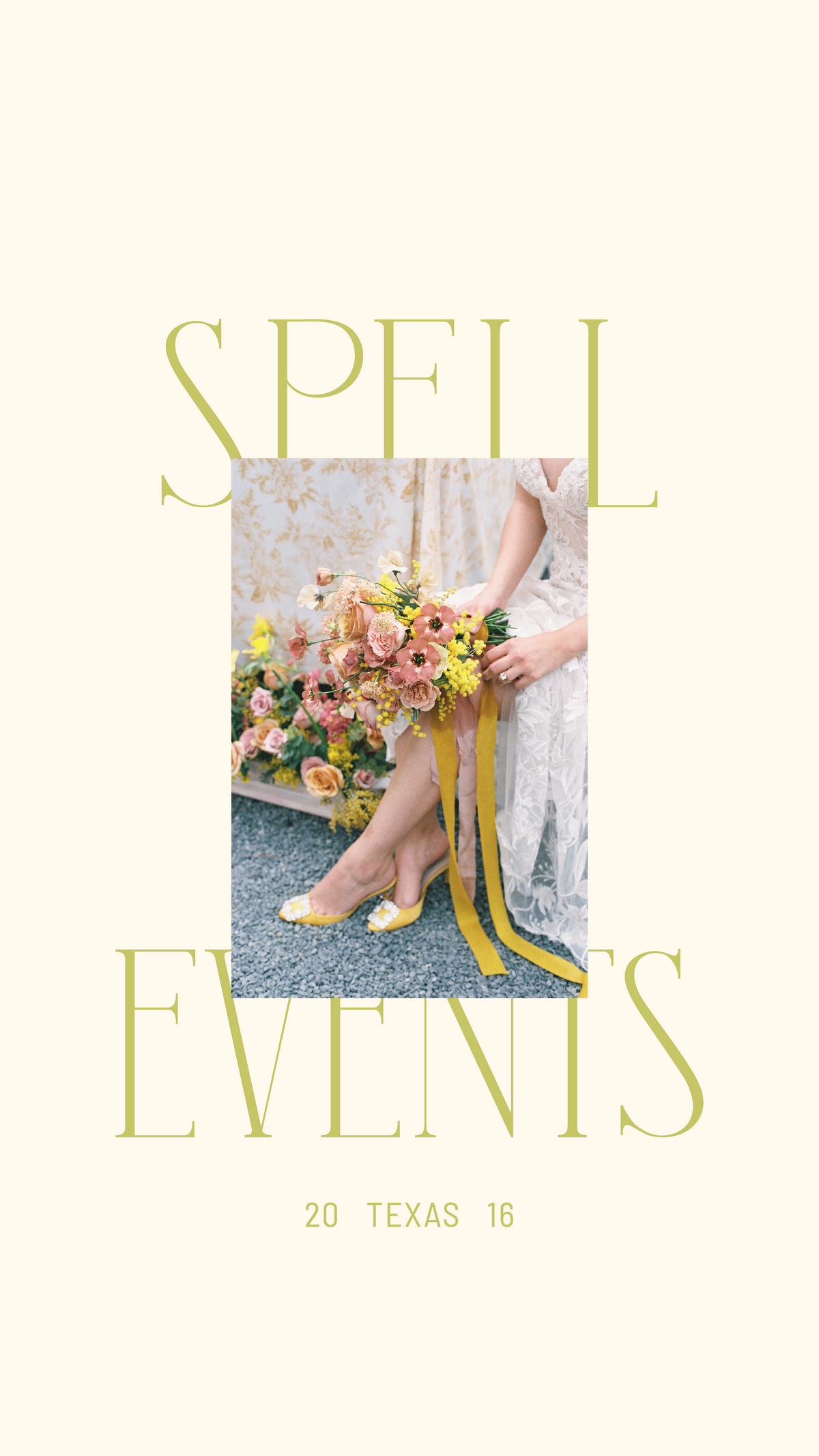 Spell Events logo behind an image of a bride holding a colorful bouquet