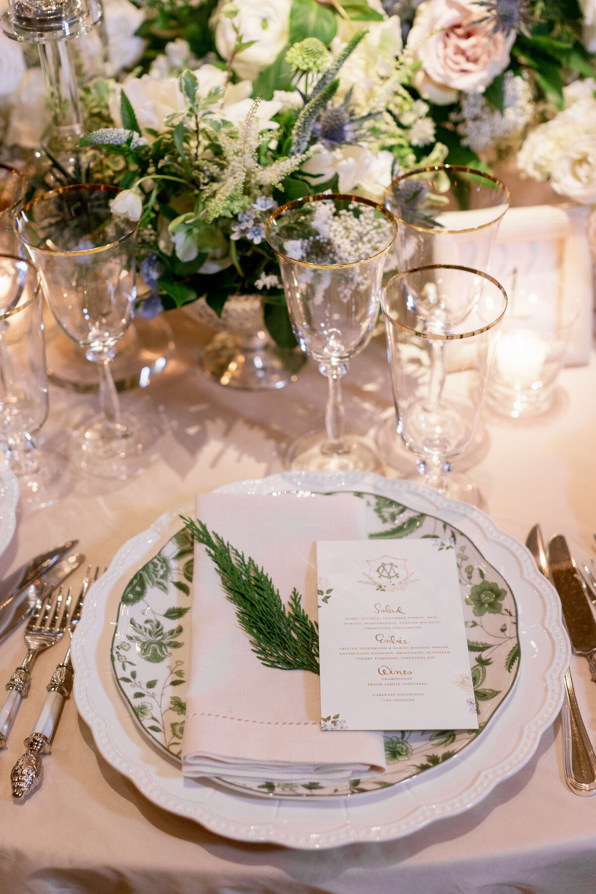 Close up of table setting at wedding reception. 