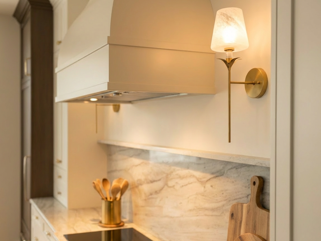 Kitchen island and millwork detail with warm wood and marble by Bucklin Design Co.
