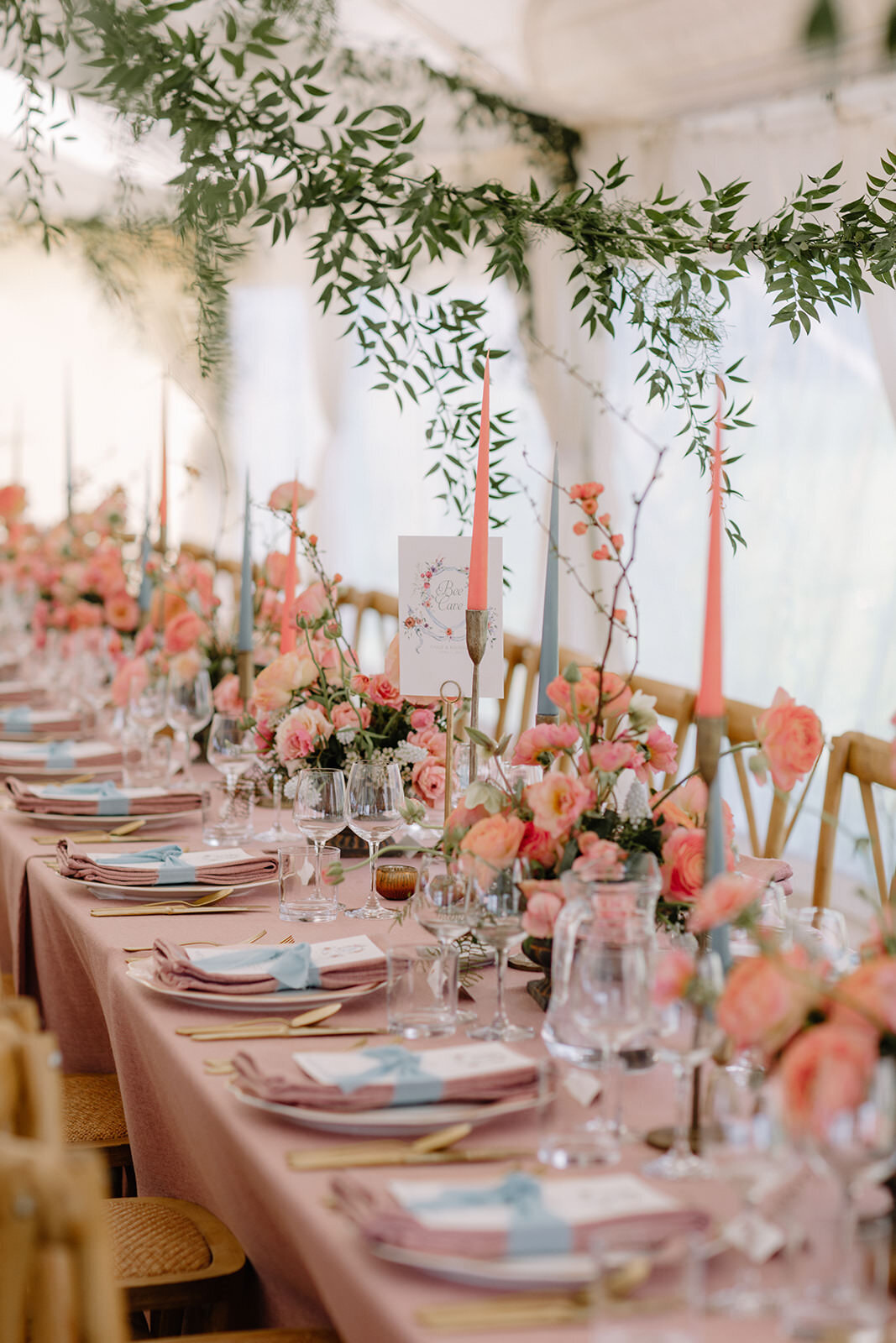 blush and pale blue marquee flowers