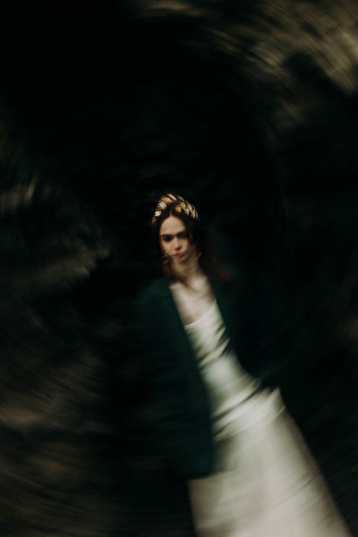 blurry editorial bridal portrait