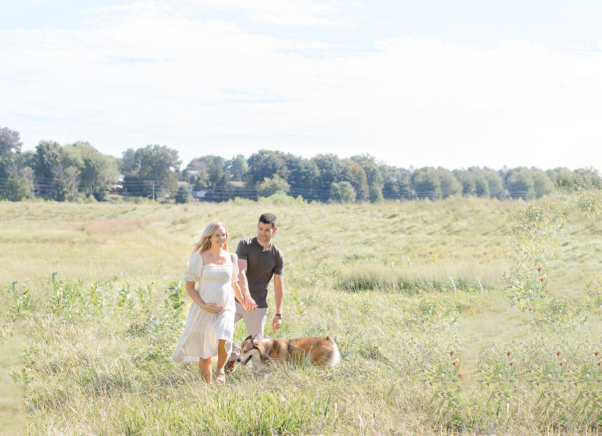 outdoor maternity session  with boston mom and dad walking dog