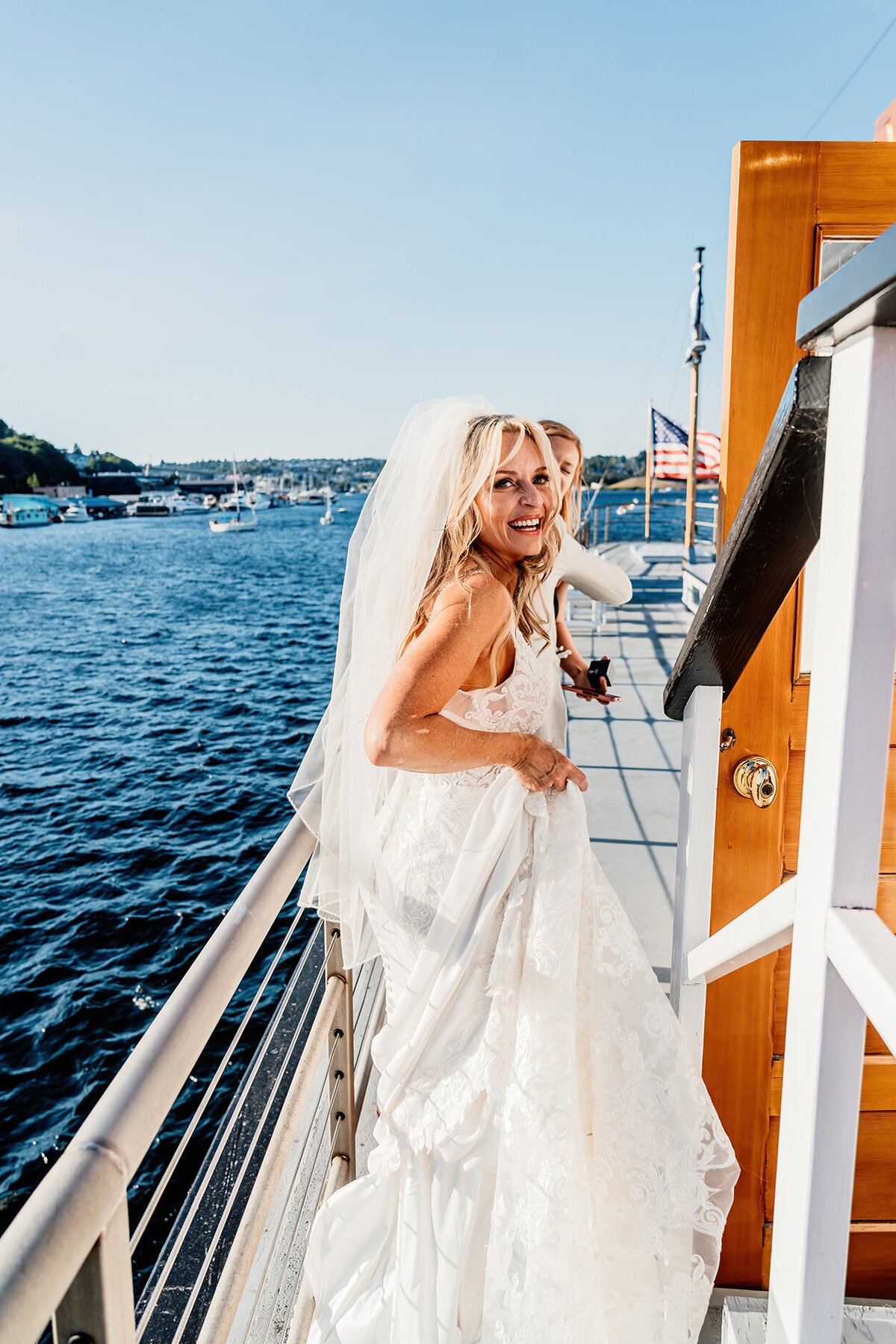 a bride on a boat just after getting married