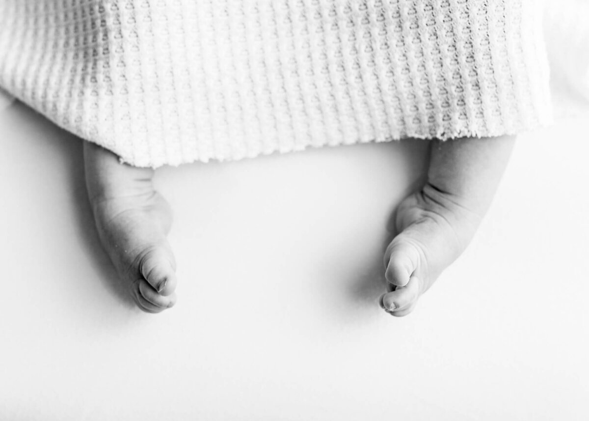 black and white picture of baby feet peeking out of blanket