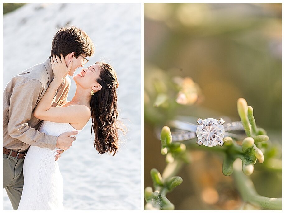 engagement ring and couple hugging