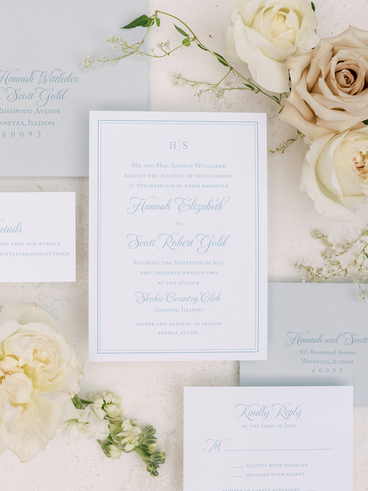 Kelly McDevitt Design Semi-Custom Dusty Blue Wedding Invitation