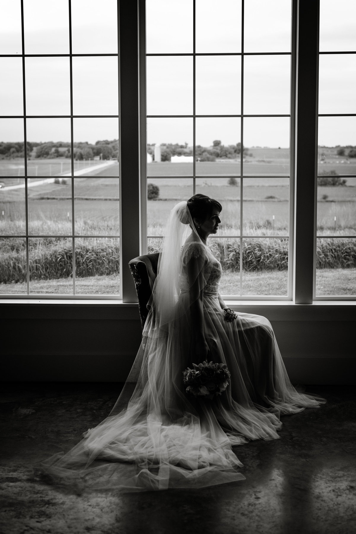 black and white photo of bride