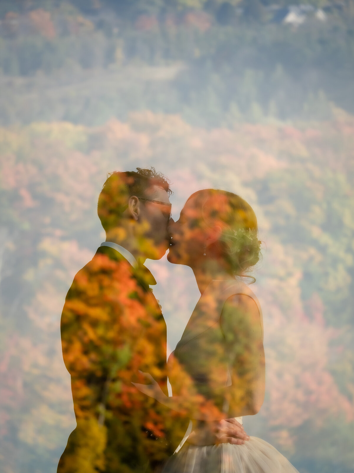Double Exposure with Bride Groom in Fall
