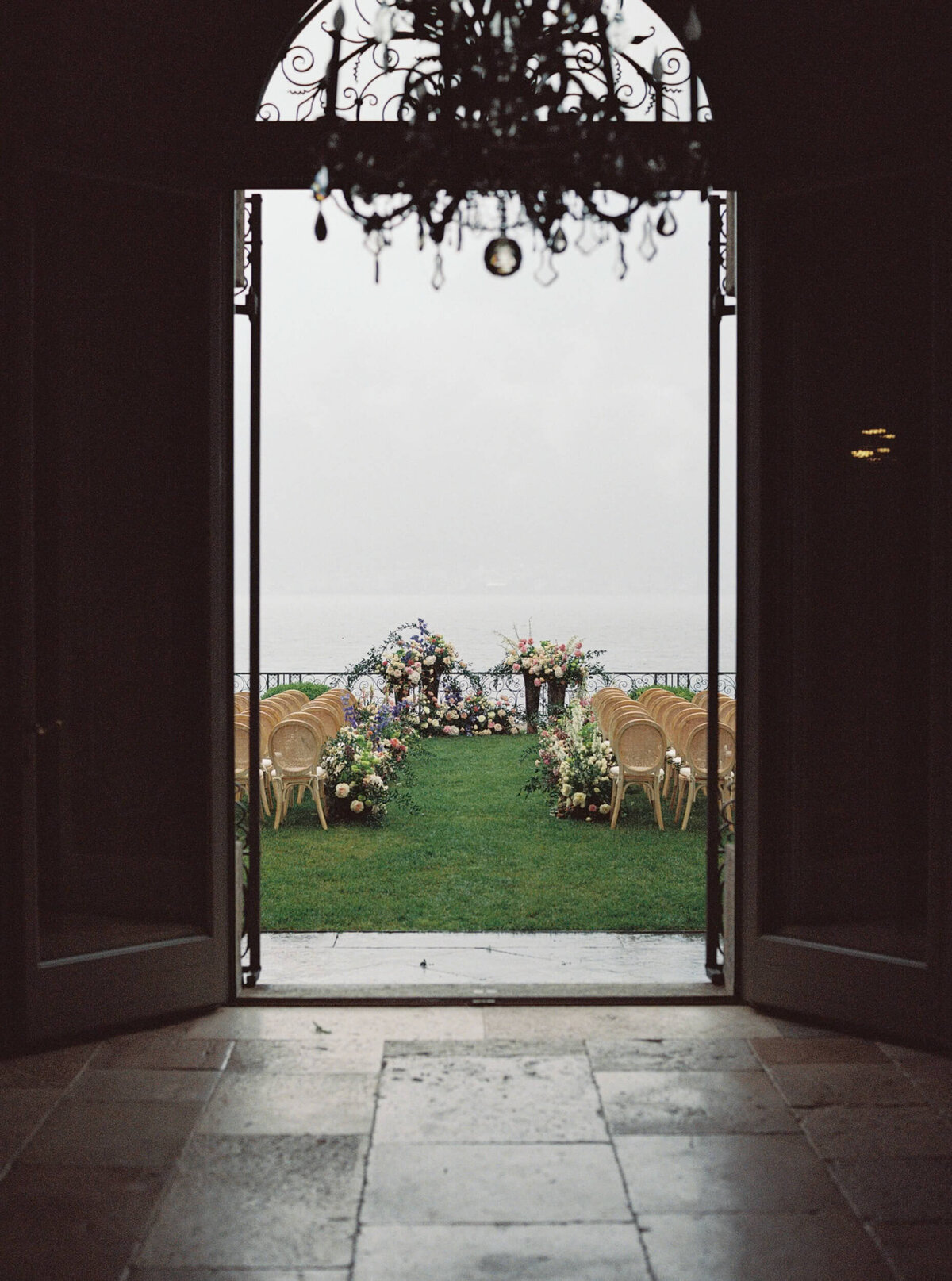 A wedding photo of the ceremony area at villa balbiano on lake como in italy