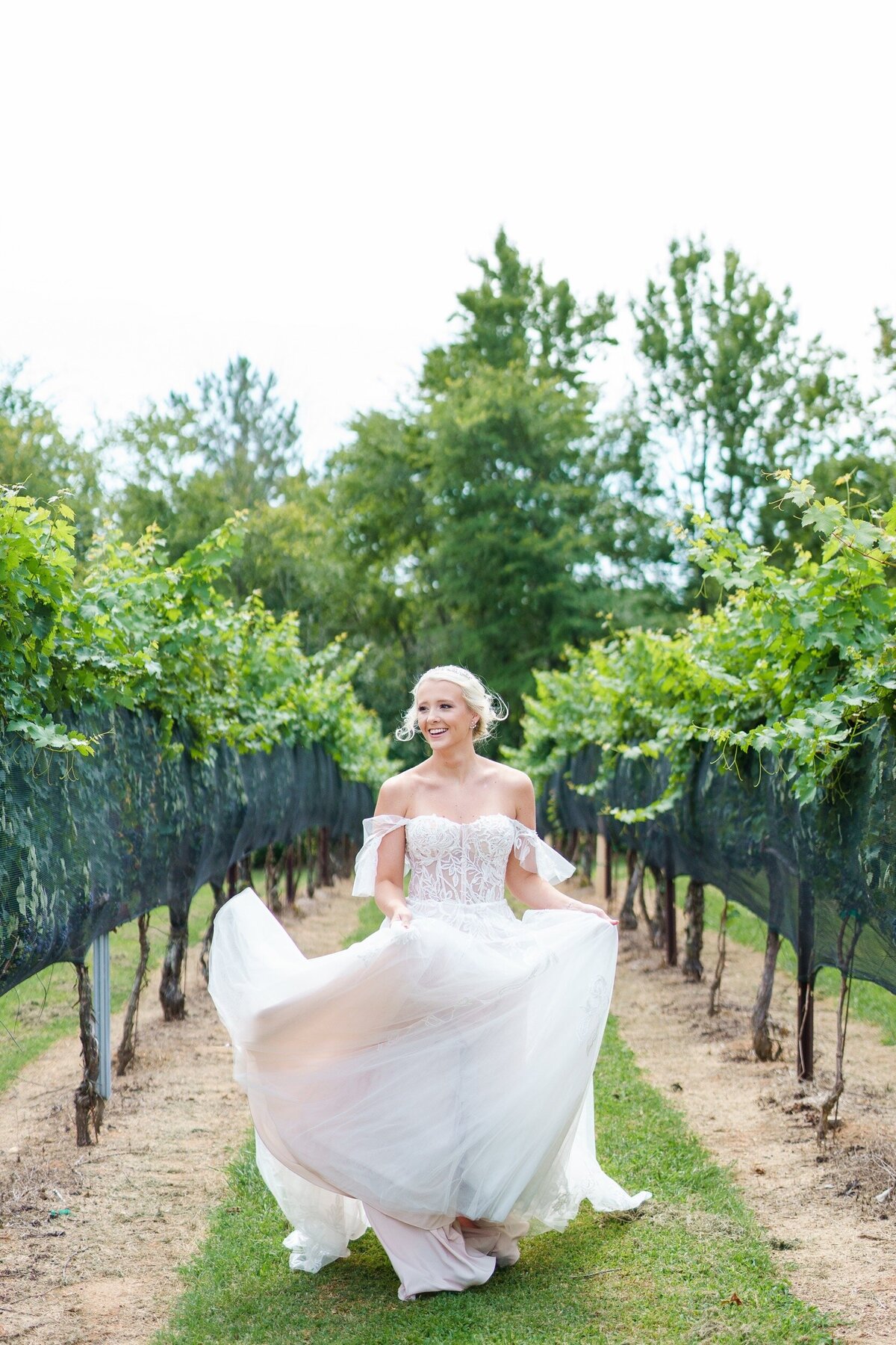 A bride runs down a vineyard row at her wedding at a vineyard outside Charlotte, NC.