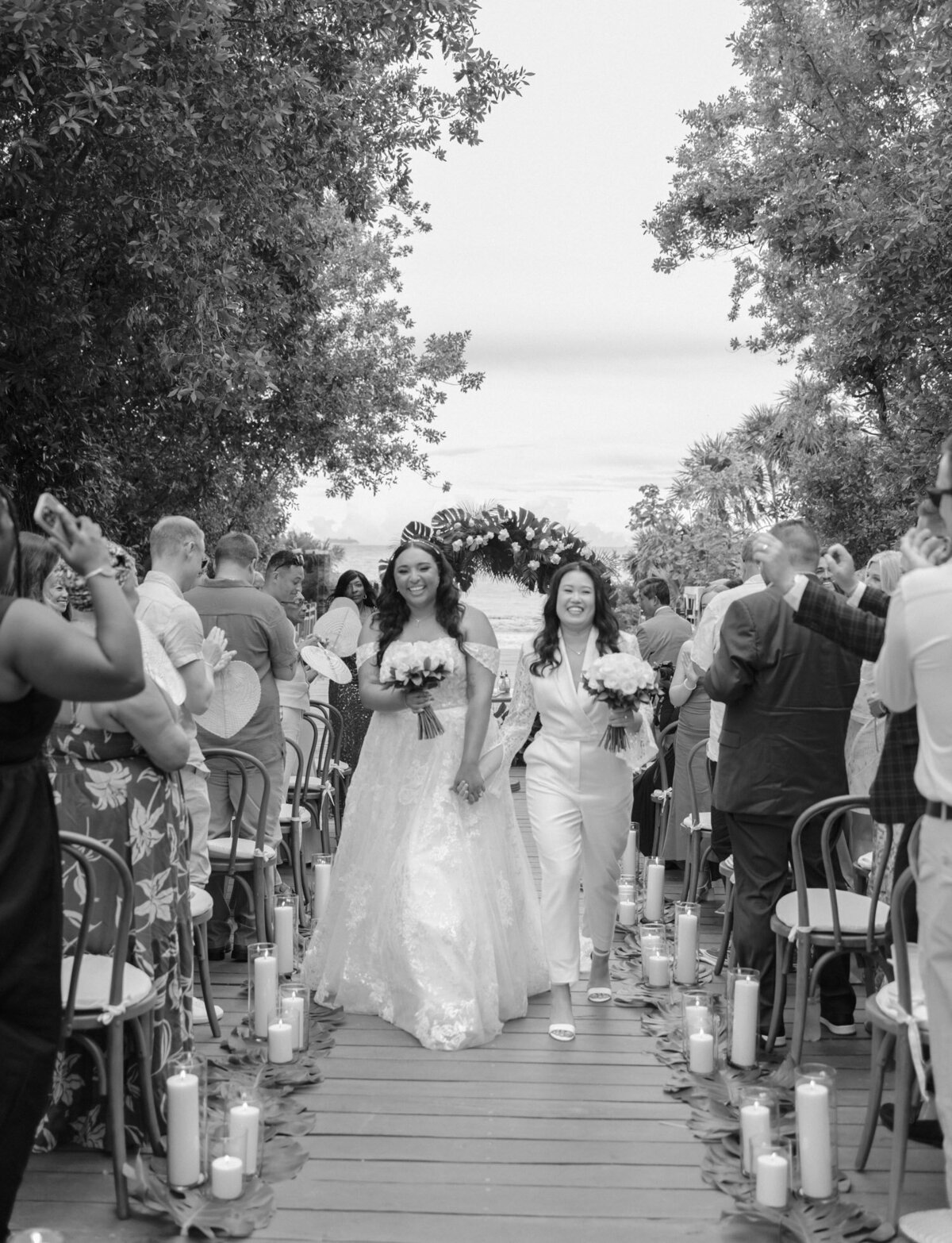 smiling brides recessional, Mexico wedding ceremony, Paradisus la Perla