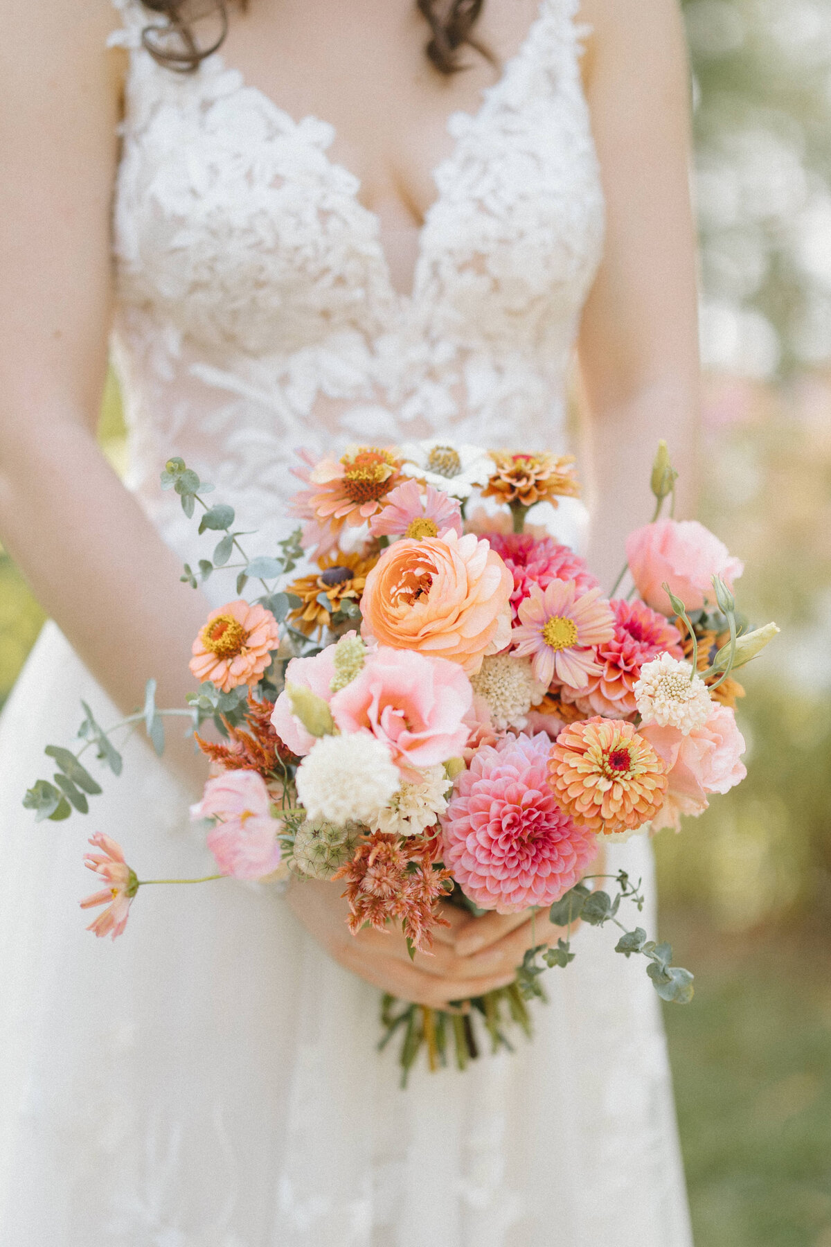 Close up of a bride's colorful floral bouquet