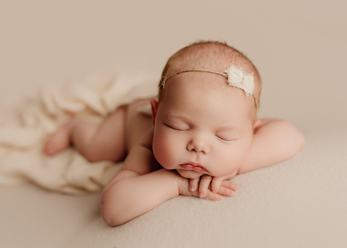 newborn photo shoot posed in creams neutral in studio