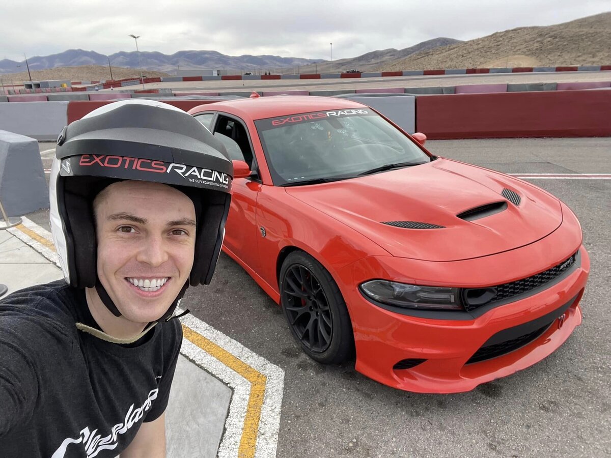 selfie of photographer shortly before drifting in a Dodge Charger Hellcat in Nevada. Photo taken by Aaron Aldhizer